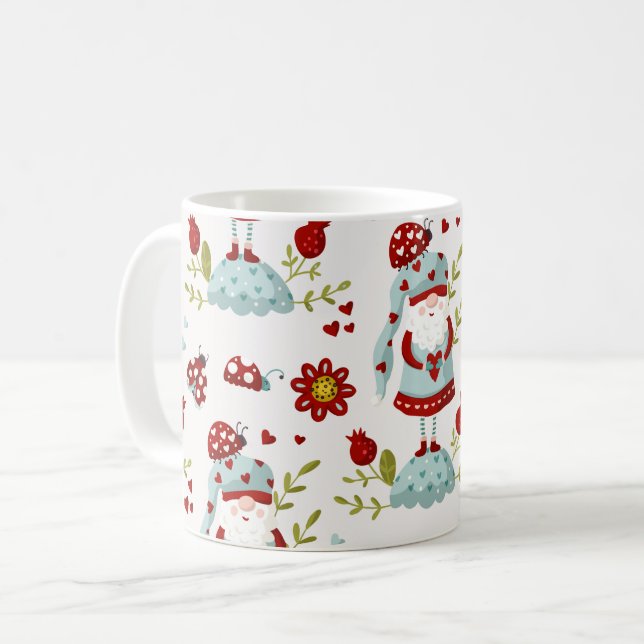 Cute Scandinavian Gnome Floral Pattern Coffee Mug (Front Left)