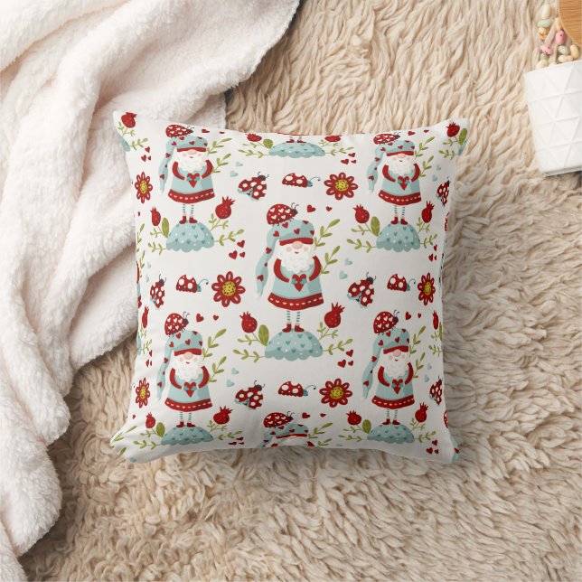 Cute Scandinavian Gnome Floral Pattern Cushion (Blanket)