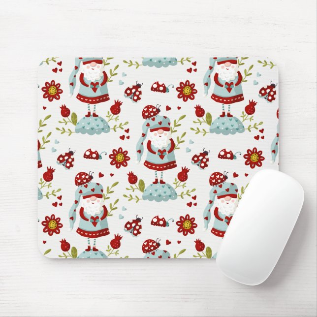 Cute Scandinavian Gnome Floral Pattern Mouse Pad (With Mouse)