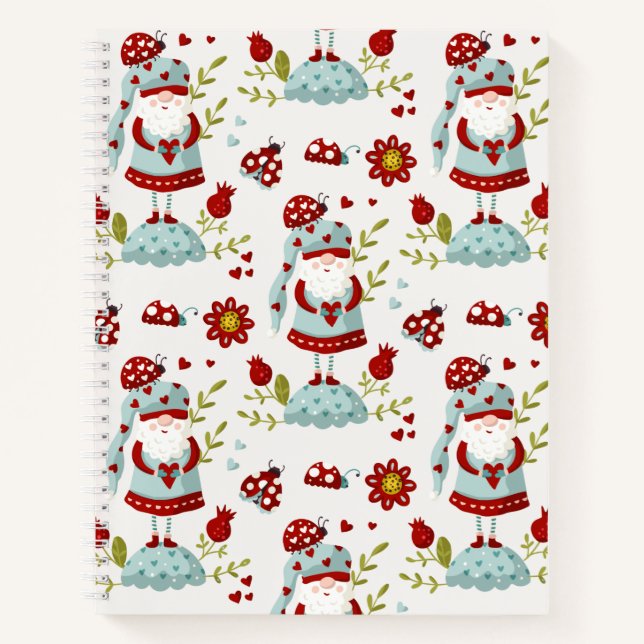 Cute Scandinavian Gnome Floral Pattern Notebook (Front)