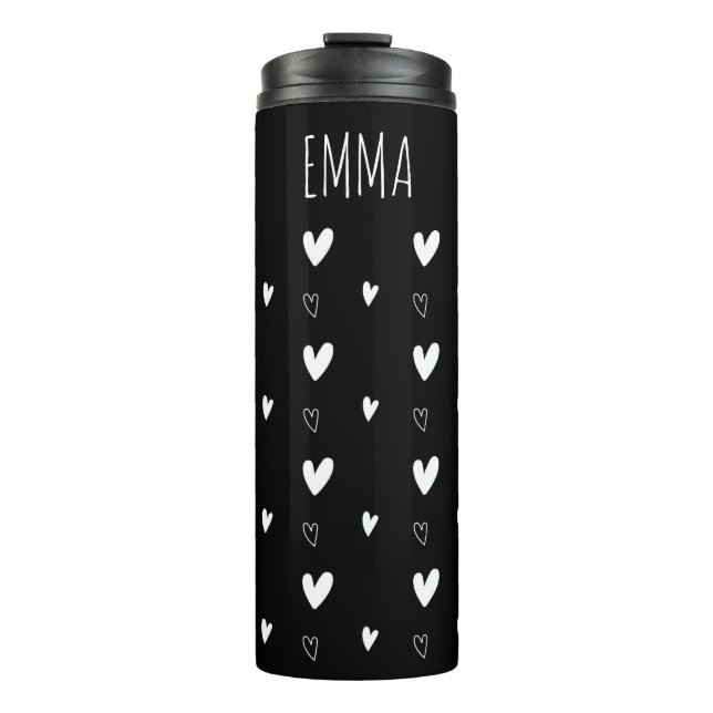 Cute Scandinavian Heart Pattern Black Personalised Thermal Tumbler (Front)
