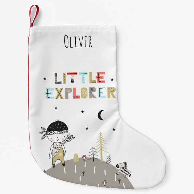 Cute Scandinavian Little Explorer Personalised Small Christmas Stocking (Front)