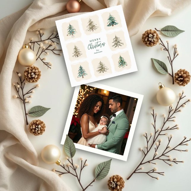 Cute Scandinavian Nordic Style Christmas Trees Holiday Card (Cute Scandinavian Nordic Style Christmas Trees Holiday Cards with Custom Back Family Photo.)