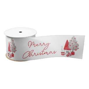 Cute Scandinavian Watercolor House Christmas Tree Satin Ribbon
