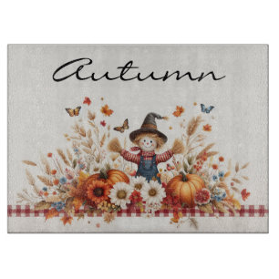 Cute Scarecrow and Autumn Flowers with Butterflies Cutting Board
