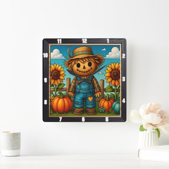 Cute Scarecrow Fall Harvest Square Wall Clock (Home)