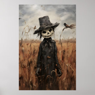 Cute Scarecrow In Fall Field Print, Halloween Poster