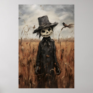 Cute Scarecrow In Fall Field Print, Halloween Poster