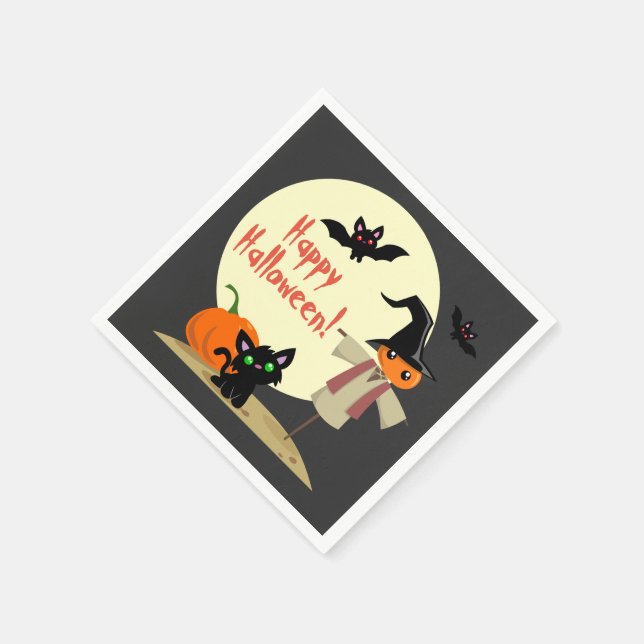 Cute Scarecrow & Kitty Halloween Paper Napkins (Corner)