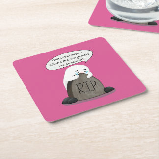 Cute Scared Ghost RIP Tombstone Funny Square Paper Coaster