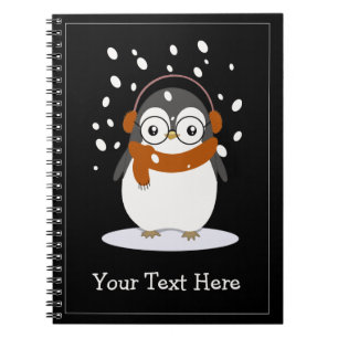 Cute Scarf Penguin with Glasses on Ice Custom Text Notebook