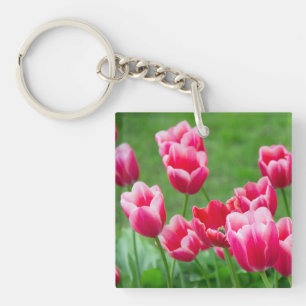 Cute scarlet tulips in the garden key ring