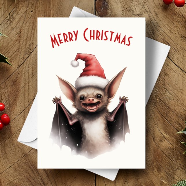 Cute Scary Bat Santa Hat Red Poinsettia Christmas Card (Creator Uploaded)