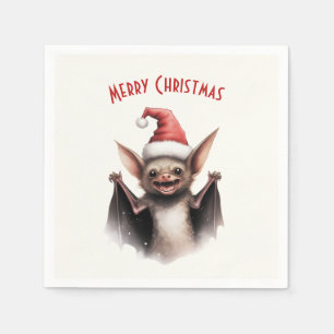 Cute Scary Bat Santa Hat Red Poinsettia Christmas Napkin