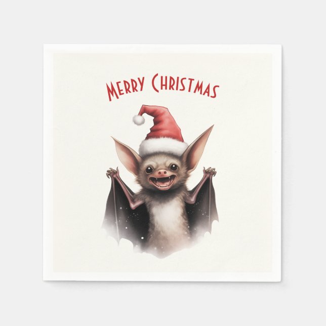 Cute Scary Bat Santa Hat Red Poinsettia Christmas Napkin (Front)