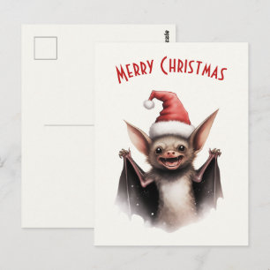 Cute Scary Bat Santa Hat Red Poinsettia Christmas Postcard