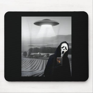 Cute scary face horror ghost selfie with alien ufo mouse pad