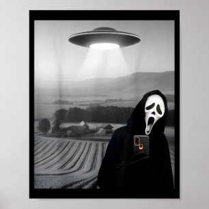 Cute Scary Face Horror Ghost Selfie with Alien UFO Poster