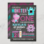 Cute Scary Little Monsters Birthday Invitation<br><div class="desc">Cute and scary little monsters on chalkboard background with colourful grunge chevron print back design birthday invitation card.</div>