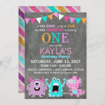 Cute Scary Little Monsters Birthday Invitation<br><div class="desc">Cute and scary little monsters on chalkboard background with colourful grunge stripe back design birthday invitation card.</div>