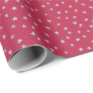 Cute Scattered Blue Star Doodles on Red Wrapping Paper