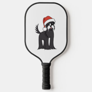 Cute Schnauzer Christmas Dog in Santa Hat Pickleball Paddle