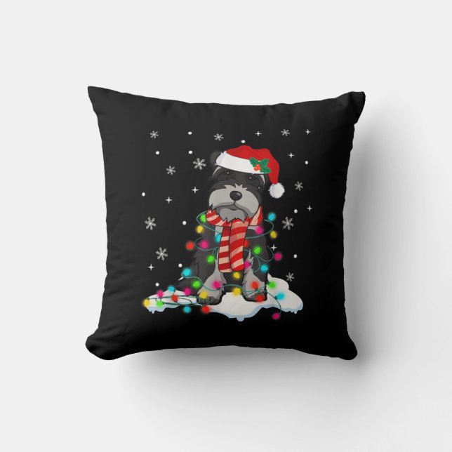 cute schnauzer christmas lights with santa hat gif cushion (Front)