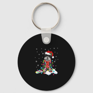 Cute Schnauzer Christmas Lights With Santa Hat Key Ring
