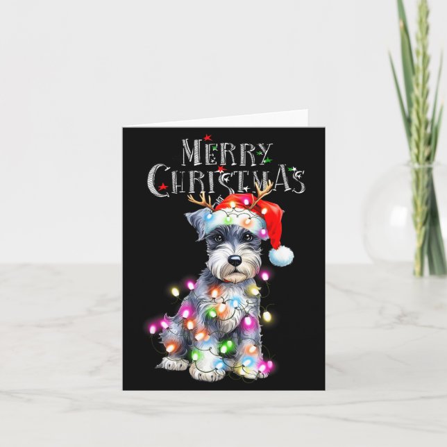 Cute Schnauzer Christmas Lights Xmas Dog Santa Hat Card (Front)