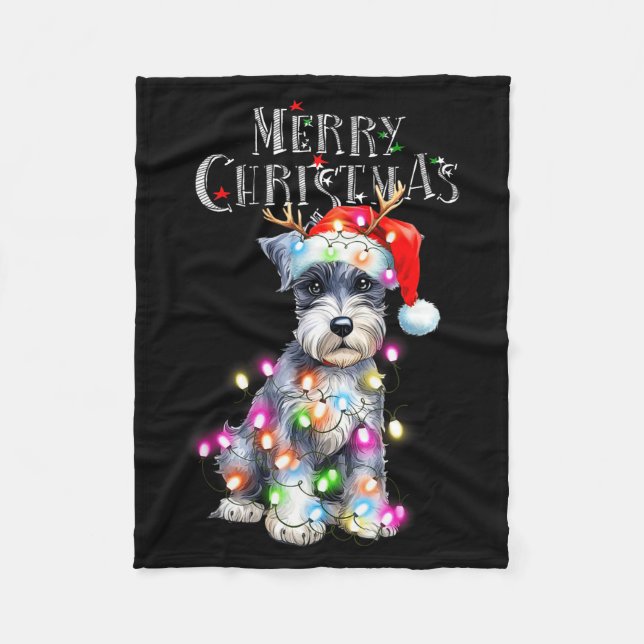 Cute Schnauzer Christmas Lights Xmas Dog Santa Hat Fleece Blanket (Front)