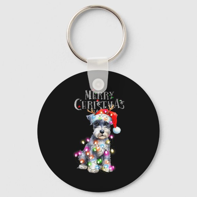 Cute Schnauzer Christmas Lights Xmas Dog Santa Hat Key Ring (Front)