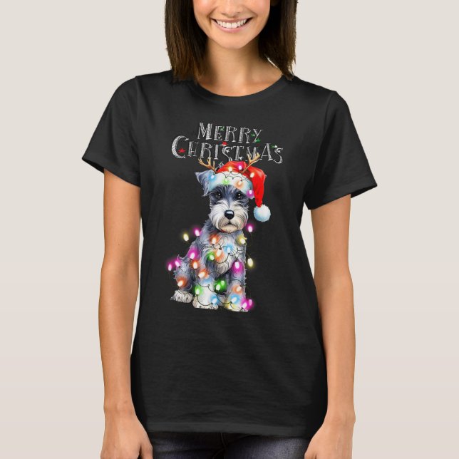 Cute Schnauzer Christmas Lights Xmas Dog Santa Hat T-Shirt (Front)