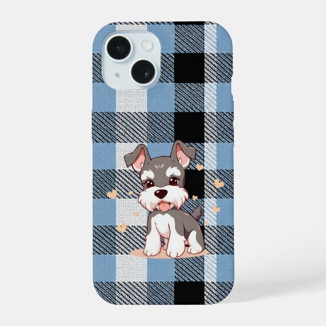 Cute Schnauzer Dog Blue Plaid iPhone 15 Case (Back)