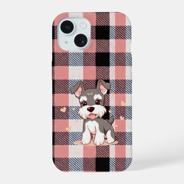 Cute Schnauzer Dog Pink Plaid iPhone 15 Case (Back)