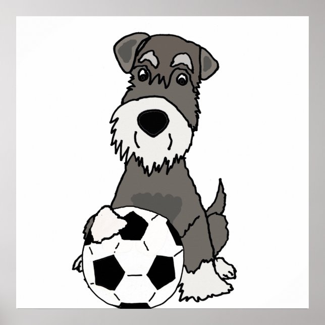 Cute Schnauzer Dog Playing Soccer Cartoon Poster (Front)