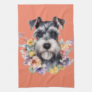 Cute Schnauzer Portrait with Flowers Tea Towel