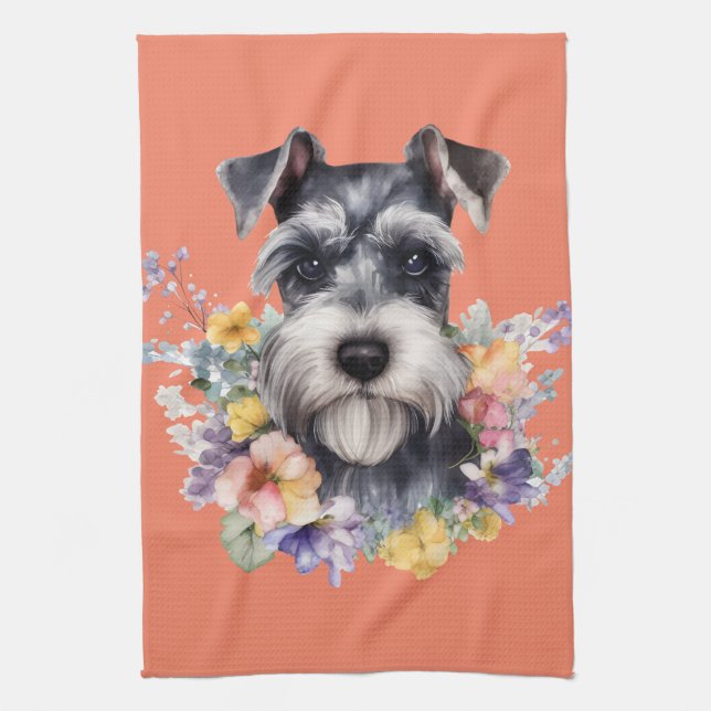 Cute Schnauzer Portrait with Flowers  Tea Towel (Vertical)