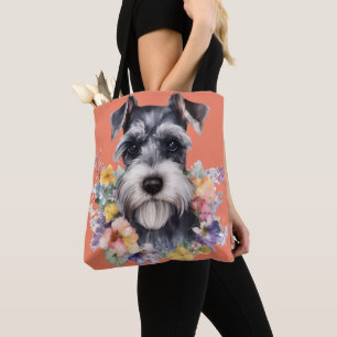 Cute Schnauzer Portrait with Flowers Tote Bag