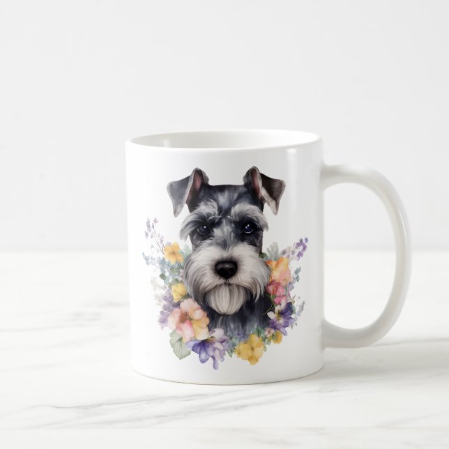Cute Schnauzer Portrait with Flowes  Coffee Mug (Right)