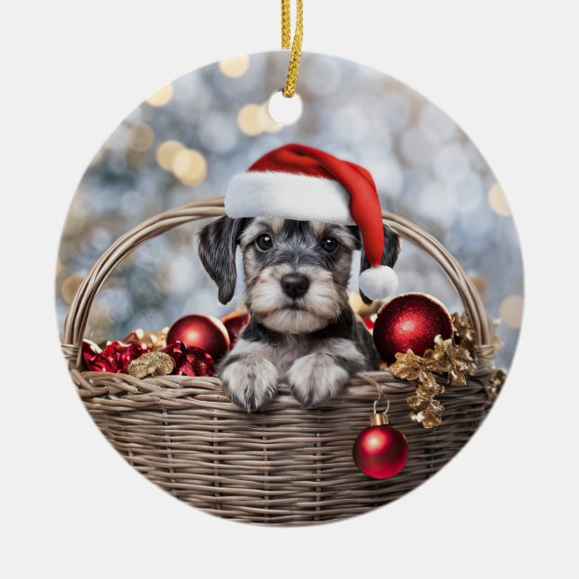 Cute  Schnauzer Puppy Dog Christmas Holiday Ceramic Ornament (Front)