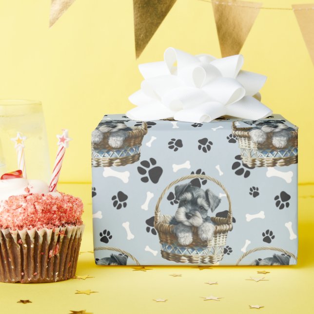 Cute Schnauzer Puppy in Basket Paw Print  Wrapping Paper (Birthday Party)
