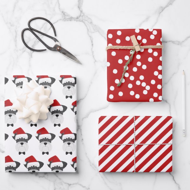 Cute Schnauzer & Red Striped Christmas  Wrapping Paper Sheet (Front)