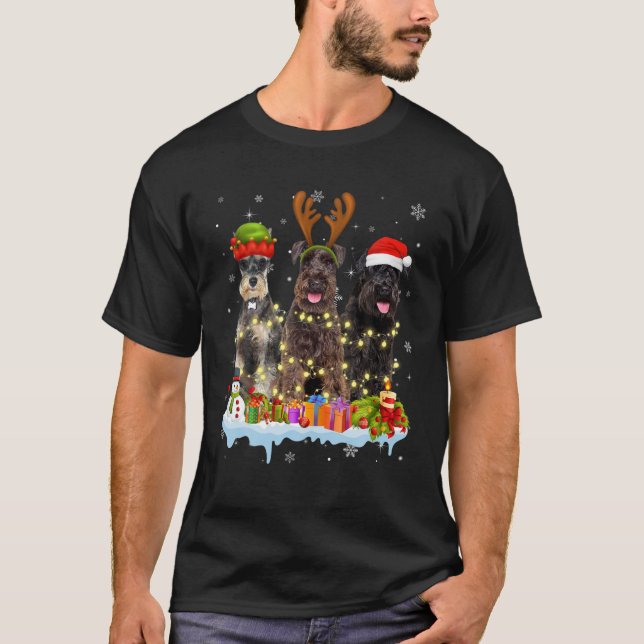 Cute Schnauzer Santa Hat Christmas Light Xmas T-Shirt (Front)