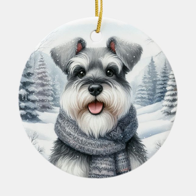 Cute Schnauzer Winter Wonderland Christmas Ceramic Ornament (Front)