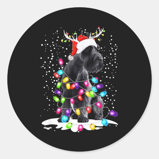 Cute Schnauzer With Christmas Lights  Classic Round Sticker (Front)
