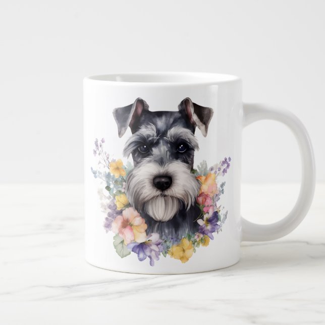Cute Schnauzer with Flower Portrait Large Coffee Mug (Right)