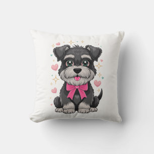 Cute Schnauzer With Pink Bow Surrounded by Hearts Cushion