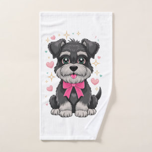 Cute Schnauzer With Pink Bow Surrounded by Hearts Hand Towel