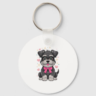 Cute Schnauzer With Pink Bow Surrounded by Hearts Key Ring