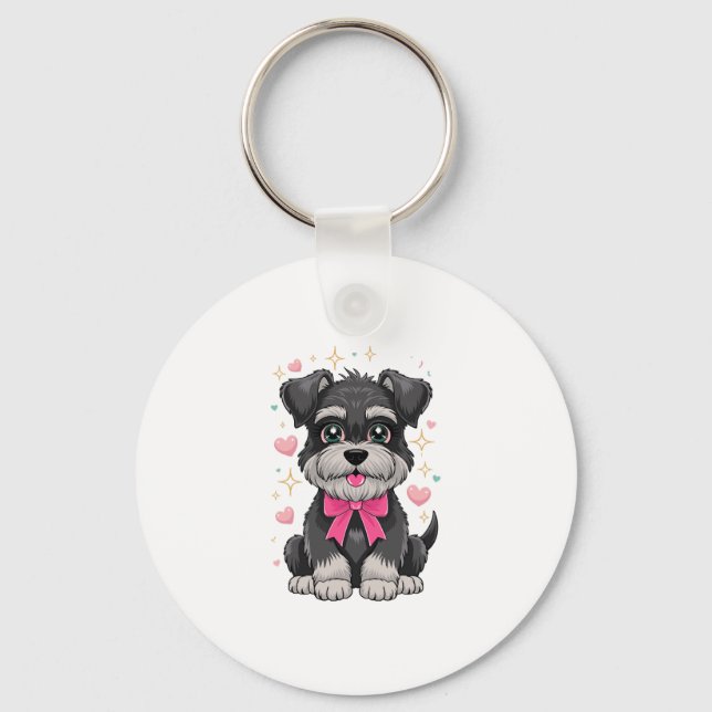 Cute Schnauzer With Pink Bow Surrounded by Hearts Key Ring (Front)
